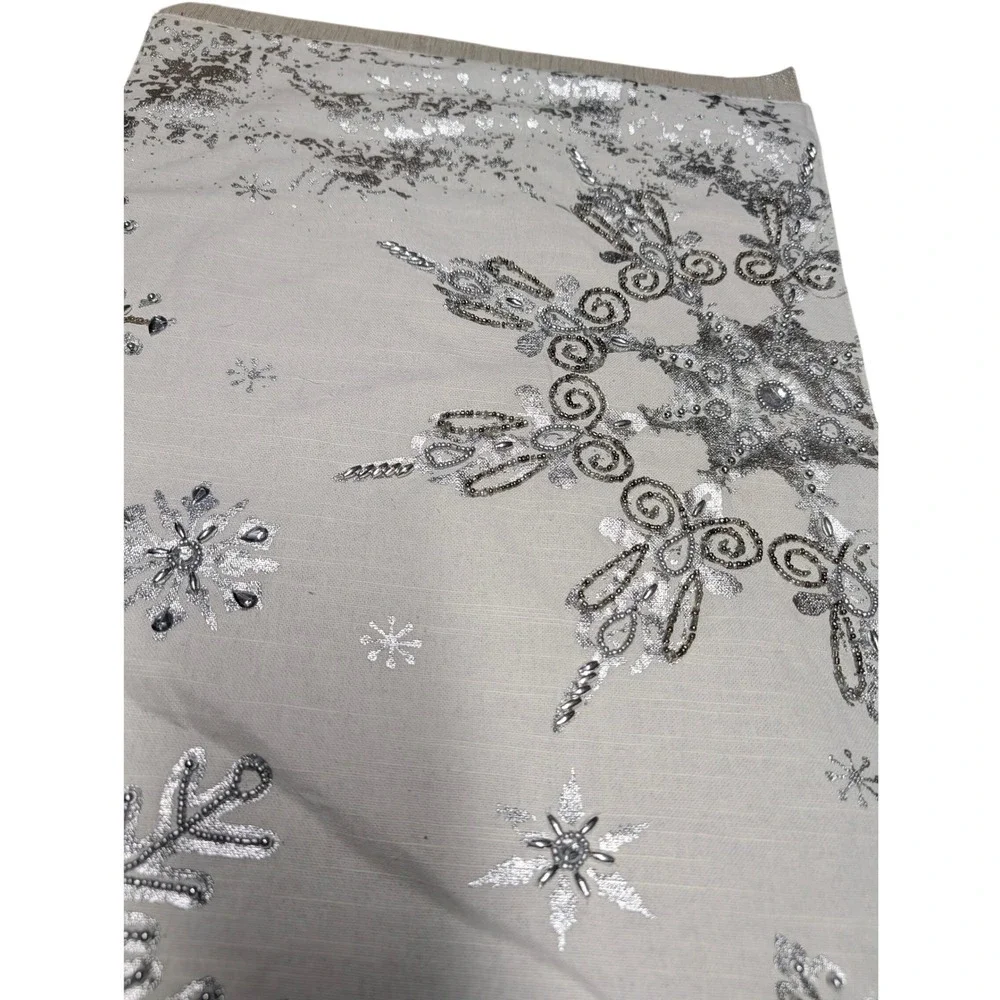 Silver Beaded Snowflake Table Runner Gray Metallic Holiday Winter Decor 72 Inch